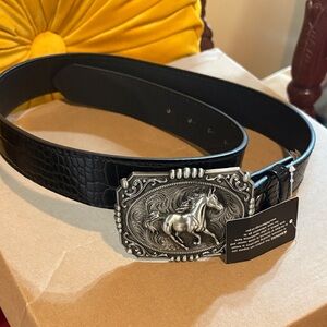 Men's Black Croc-Embossed Leather Belt with Silver Horse Buckle